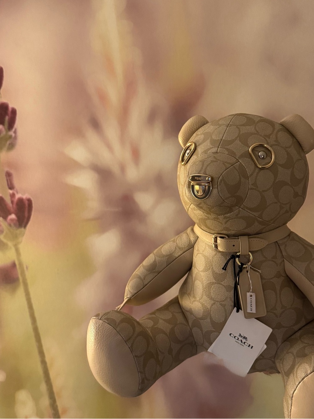 COACH Large Beige Signature Monogram Bear with Gold Hardware